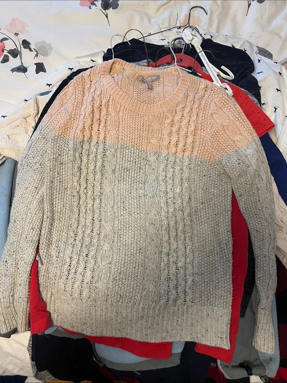 Banana Republic Peach and Light Gray Cable Knit Crew Sweater